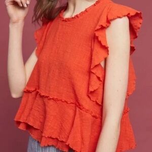 Anthropologie Maeve Orange/Red Gauzy Flutter Top - S